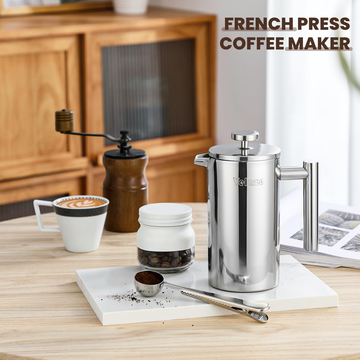 Velaze French Press Coffee Maker 34oz, Double Wall Insulated French Coffee Press Stainless Steel, 1L Coffee Maker Included 4 Extra Fliters and 1 Coffee Spoon, Silver