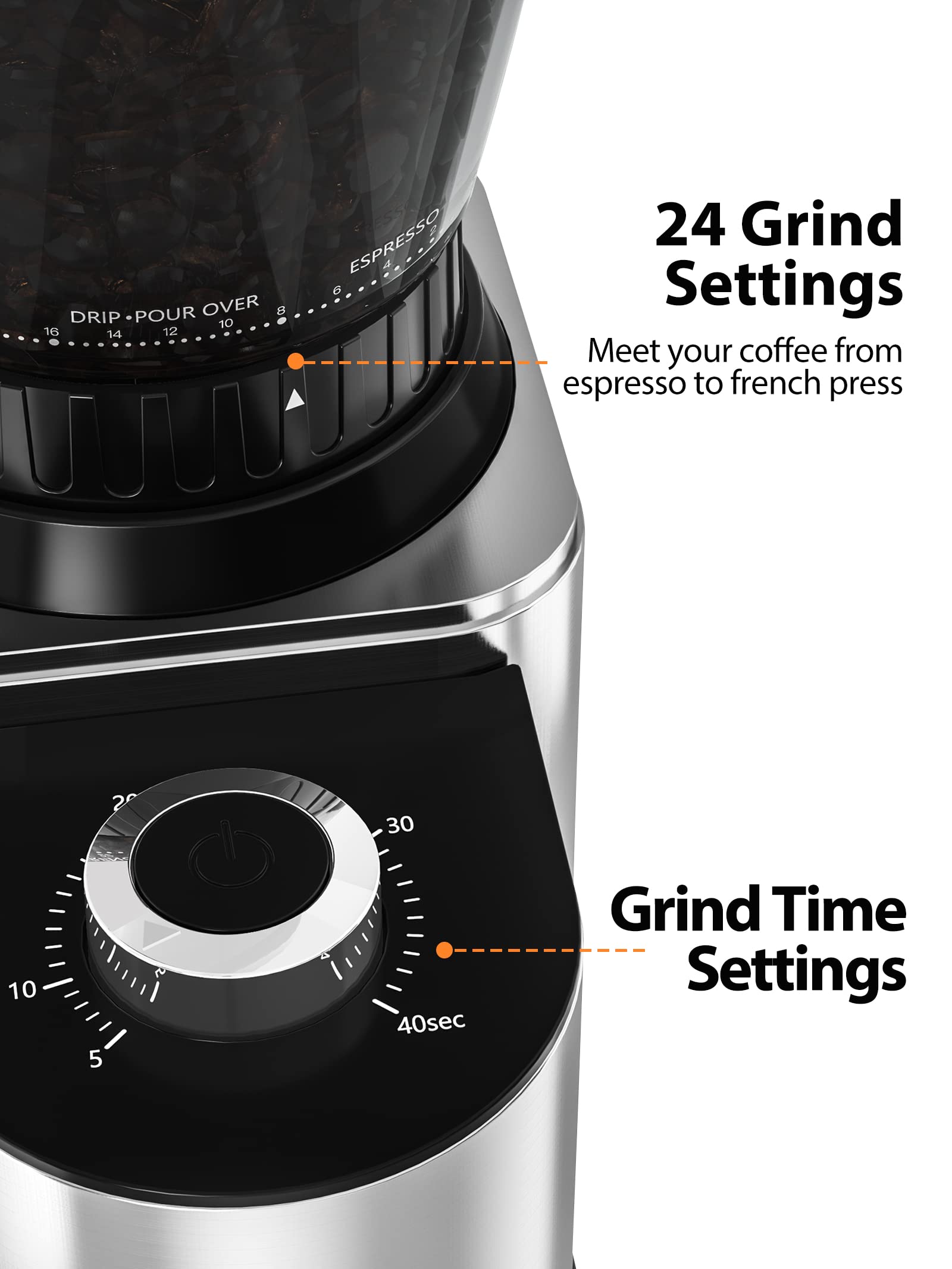 Aromaster Burr Coffee Grinder, Coffee Bean Grinder,Stainless Steel Coffee Grinder Electric,24 Grind Settings, Espresso/Pour Over/Cold Brew/French Press Coffee Maker