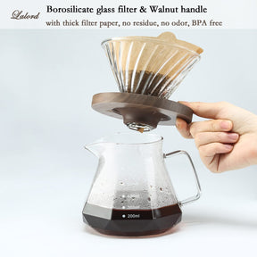 Lalord Pour Over Coffee Maker, 20 oz Borosilicate Glass Carafe with 100 pcs V60 Paper Filter by Gsform, Walnut Handle & Glass Lid, Drip Coffee Maker for Home Café Restaurant Camping, 600 ml, Clear