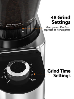 Aromaster Conical Burr Coffee Grinder Electric,Coffee Bean Grinder with 48 Gind Settings for Home Use,40 Seconds Adjustable Timer,Stainless Steel,Anti-static,Silver