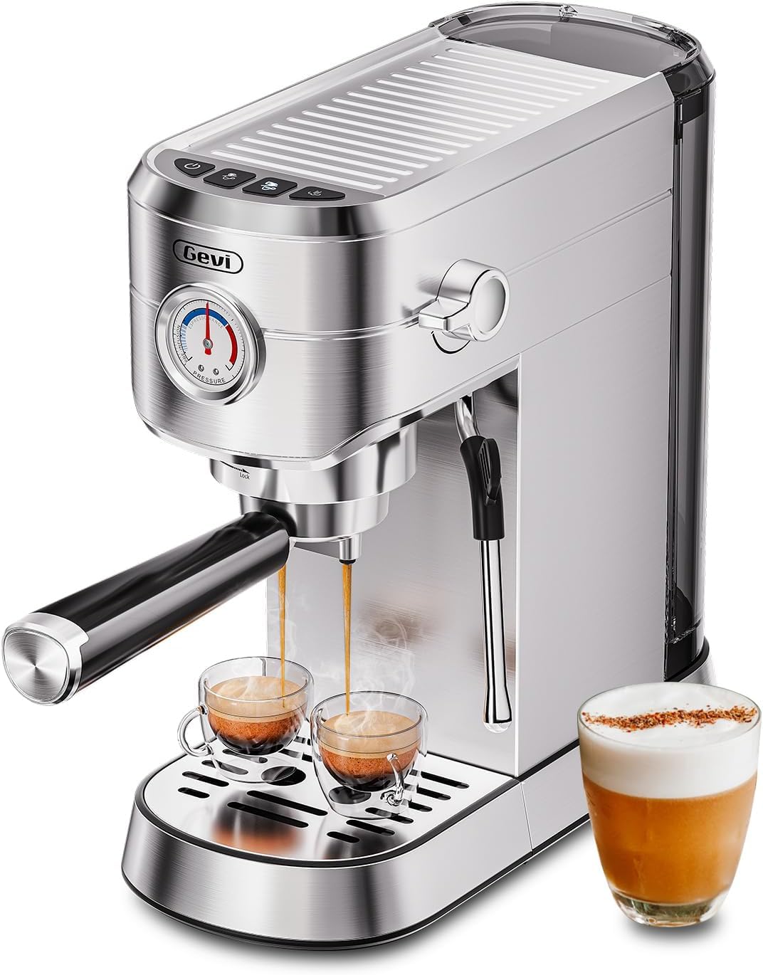 Gevi Espressomaschine 20 Bar, Professionelle Espressomaschine Latte Maschine mit Milchaufschäumer, Edelstahl-Espresso-Kaffeemaschinen für Zuhause, Kompakte Cappuccino-Maschine, Tolle Geschenkidee, Silber