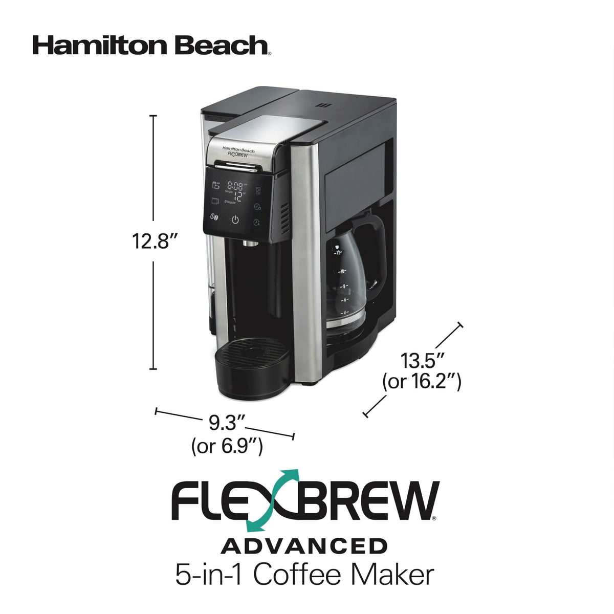 Hamilton Beach FlexBrew Advanced 5-in-1 Programmable 12 Cup Drip and Single Serve Hot & Iced Coffee Maker with Movable 60 oz. Water Reservoir, Use Pod Packs and Grounds, Fast Brewing, Black (49924)