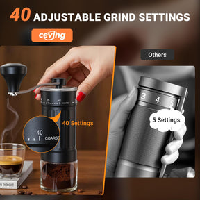 Mini-Kaffeemühle mit 40 einstellbaren Einstellungen, tragbare Handkaffeemühle mit 30 g Fassungsvermögen, konische Kaffeemühle mit Kurbel für unterwegs, Camping, Büro, Espresso, Pour Over usw.