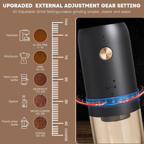 Tragbare elektrische Kaffeemühle, verbesserte externe Einstellung mit 40 Stufen von fein bis grob, konisches Mahlwerk aus Edelstahl, wiederaufladbar und schnelleres Mahlen für Büro, Zuhause, Camping, Reisen, Schwarz