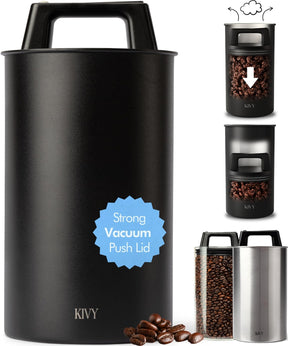 KIVY Vacuum Coffee Canister - Push Lid Preserves Coffee Aroma & Oil - Stainless Steel Airtight Coffee Canister - Coffee Container for Ground Coffee & Coffee Bean Storage - Removes Excess Air