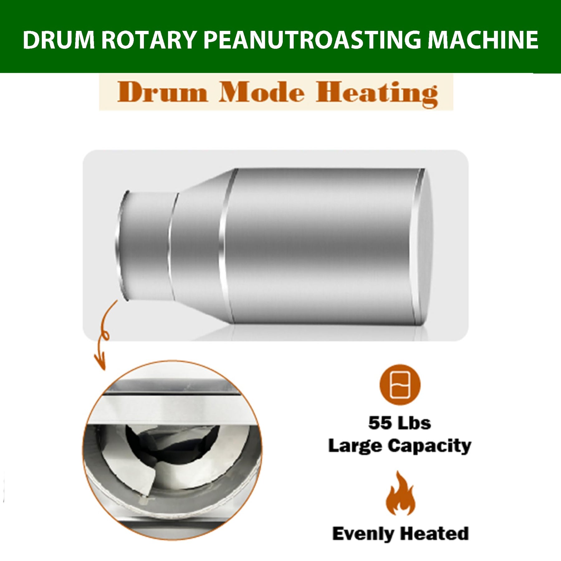 EQCOTWEA Commercial Roaster Machine 55LB Drum Rotary Roasting Machine Stainless Steel Peanut Walnut Chestnut Roasting Stir-Fry Drying Roaster Machine 0-300℃ 220V 3 Phase