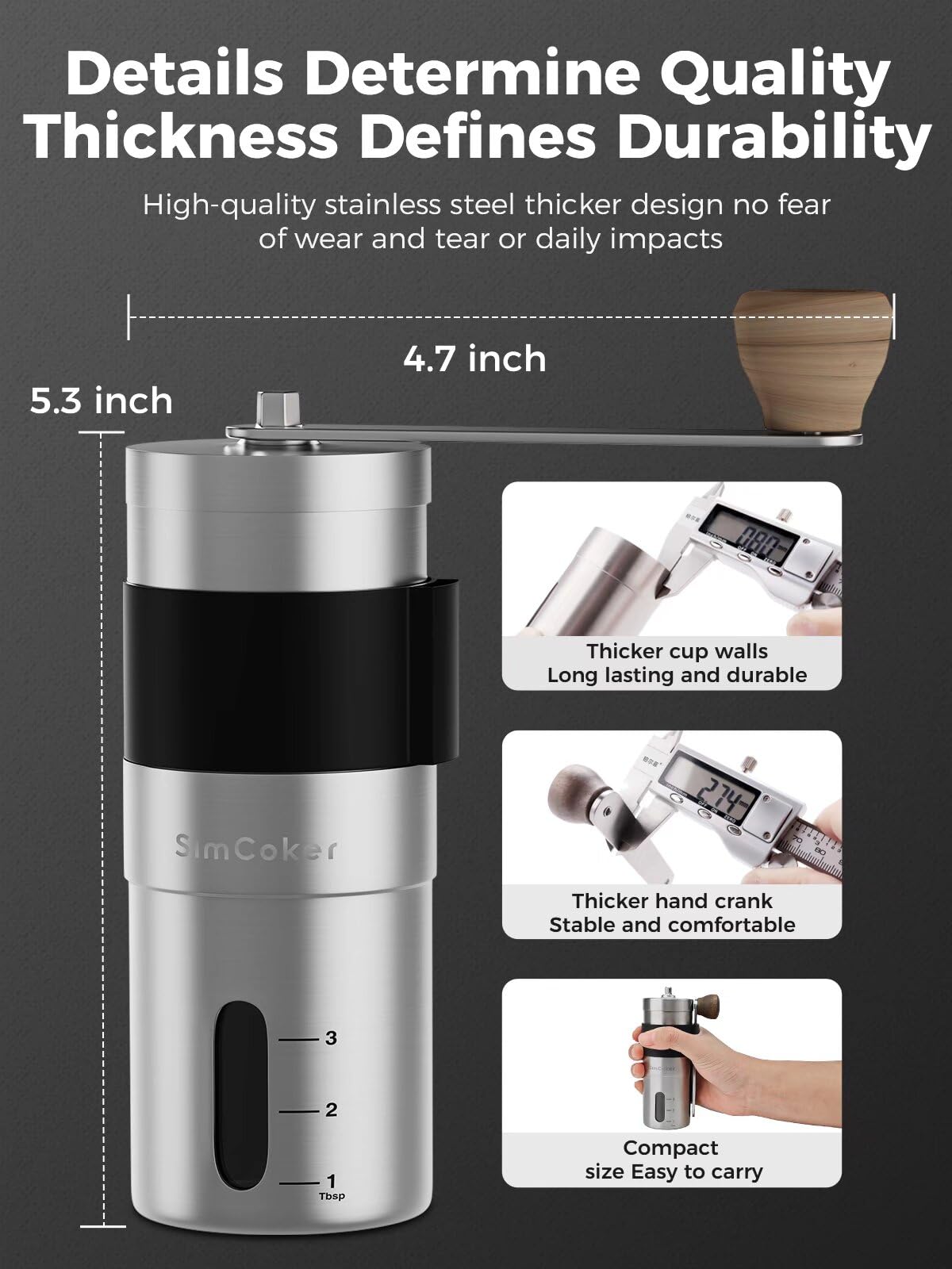 SimCoker Manual Coffee Grinder,Ceramic Burr Hand Coffee Grinder for Espresso,Adjustable Grind Setting,Portable Coffee Bean Grinder for Home,Office,Travelling,304 Stainless Steel