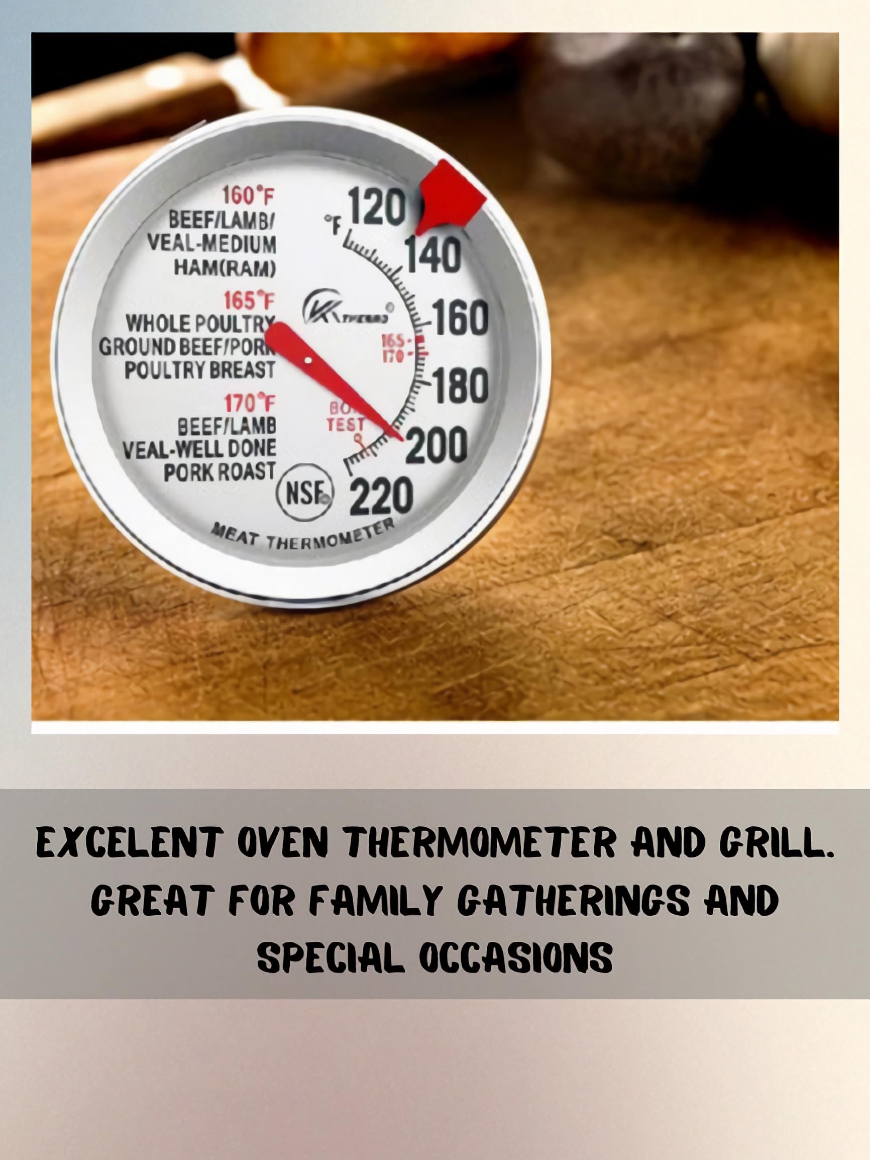 Analoges Fleischthermometer: Braten- und Backthermometer für Backofen/Grill, leicht zu reinigen. Spülmaschinenfest, ohne Batterien. Rippchen, Pute und mehr: ein Muss für perfekt gegarte Braten.