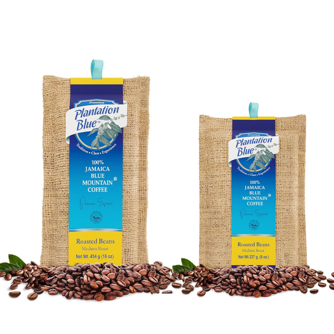 Plantation Blue, 100 % Jamaica Blue Mountain Kaffee, mittlere Röstung, 1 Pfund Bohnen + 8 Unzen Bohnen, Beutelbündel