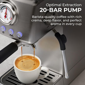 Kaffe 20 Bar Espressomaschine mit Premium-Zubehör und Milchaufschäumer – Edelstahl – Hochdruck-Pump-Kaffeemaschine – Thermoblock-System für schnelleres Aufheizen und abnehmbarer Wassertank