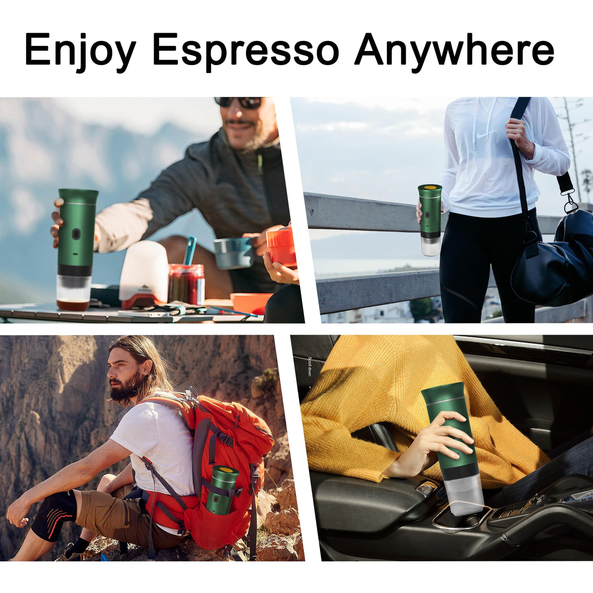 Tragbare Espressomaschine von LumoShine, Mini-Espressomaschine, selbsterhitzende Kaffeemaschine, kompatibel mit gemahlenem Kaffee, NS- und DG-Kapsel, für Camping, Wandern, Wohnmobil, Outdoor-Reisen, Grün