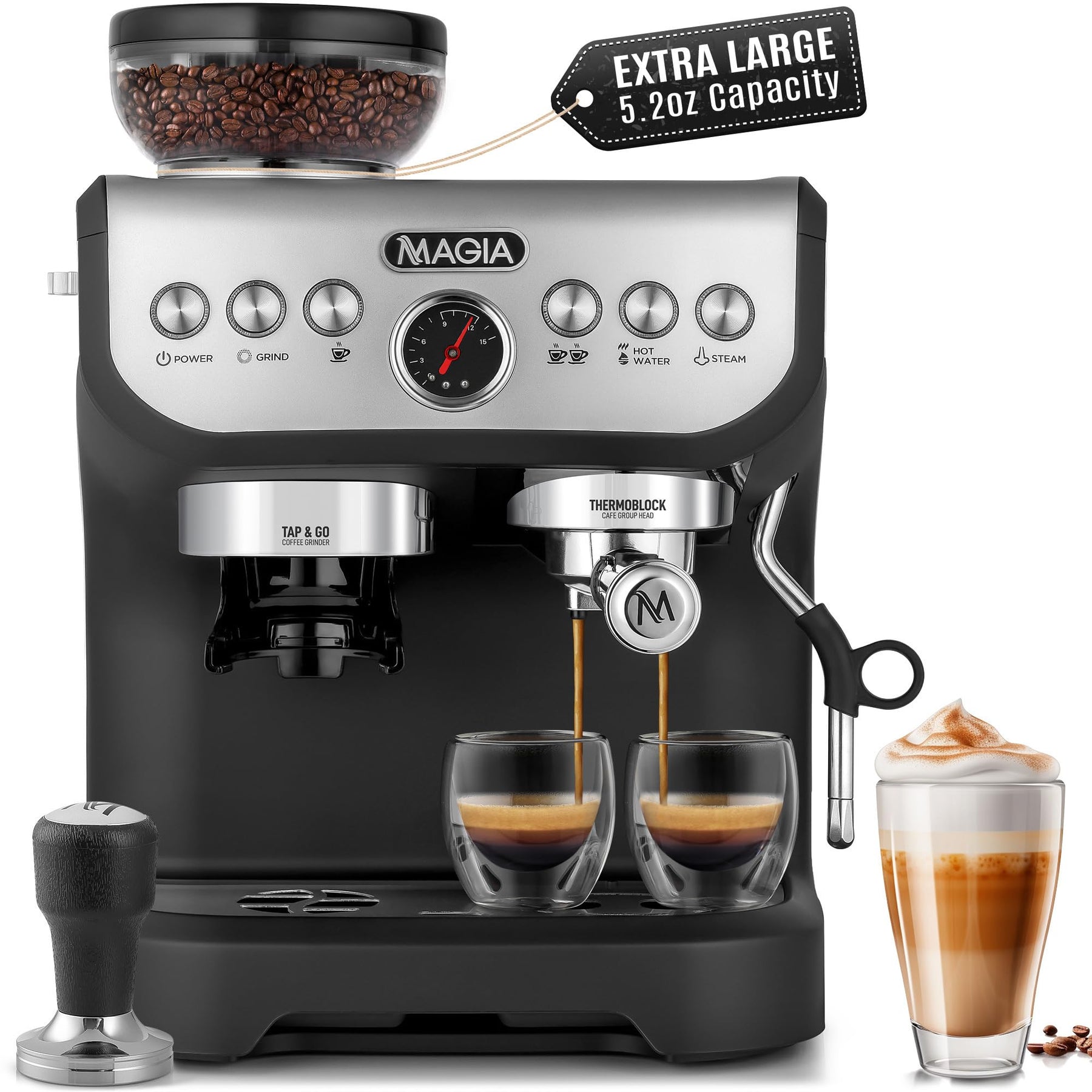 Zulay Kitchen Magia Manual Espresso Machine with Grinder and Milk Frother - 15 Bar Pressure Pump Cappuccino Machine - Latte Machine - & Extra Large 2L Removable Water Tank