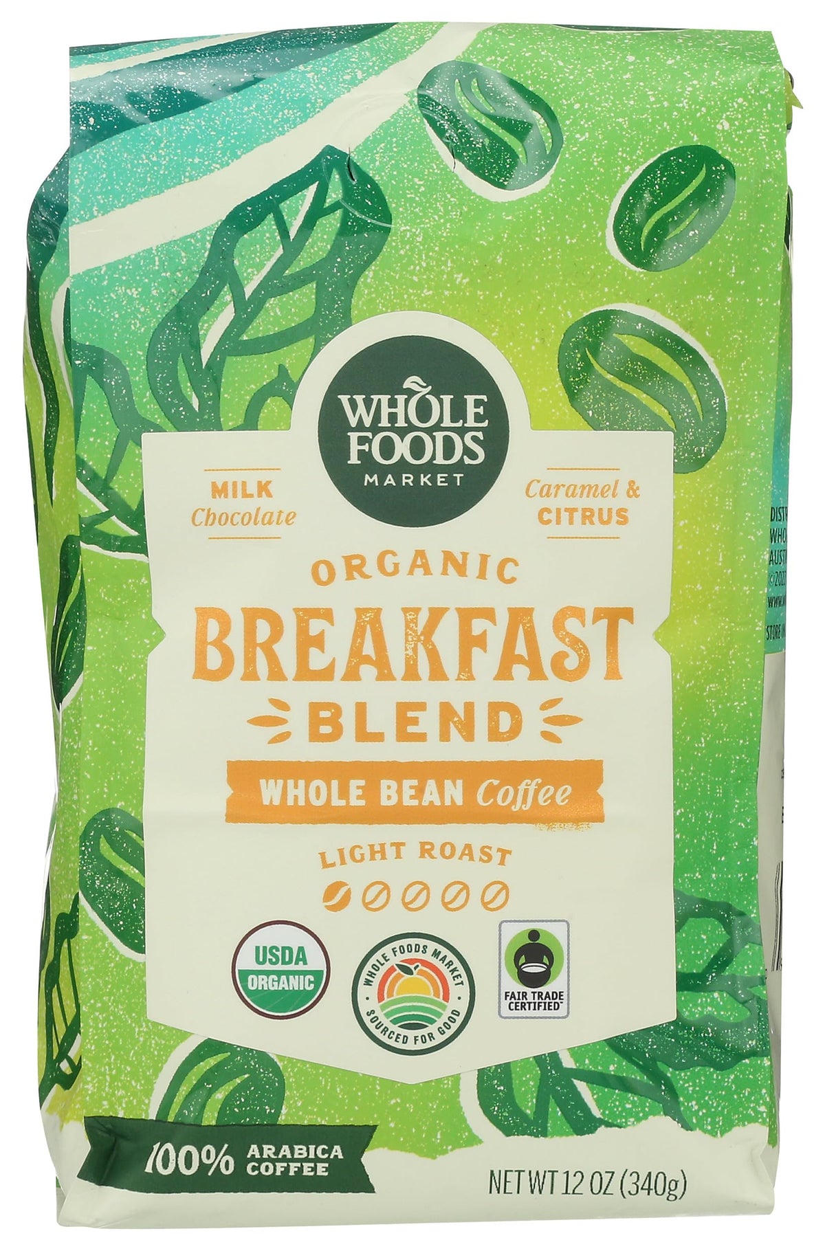 Whole Foods Market, Organic Breakfast Blend Whole Bean Coffee, Light Roast, Milk Chocolate, Caramel & Citrus, 12 Ounce