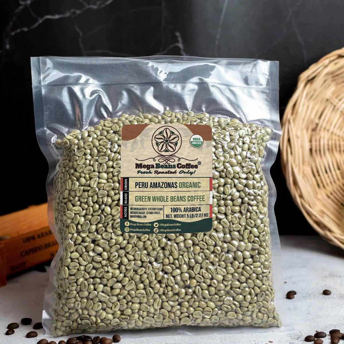 Organic Peru Unroasted Green Coffee Beans, Mega Beans Coffee, Organic Peru Amazonas (5Lb)