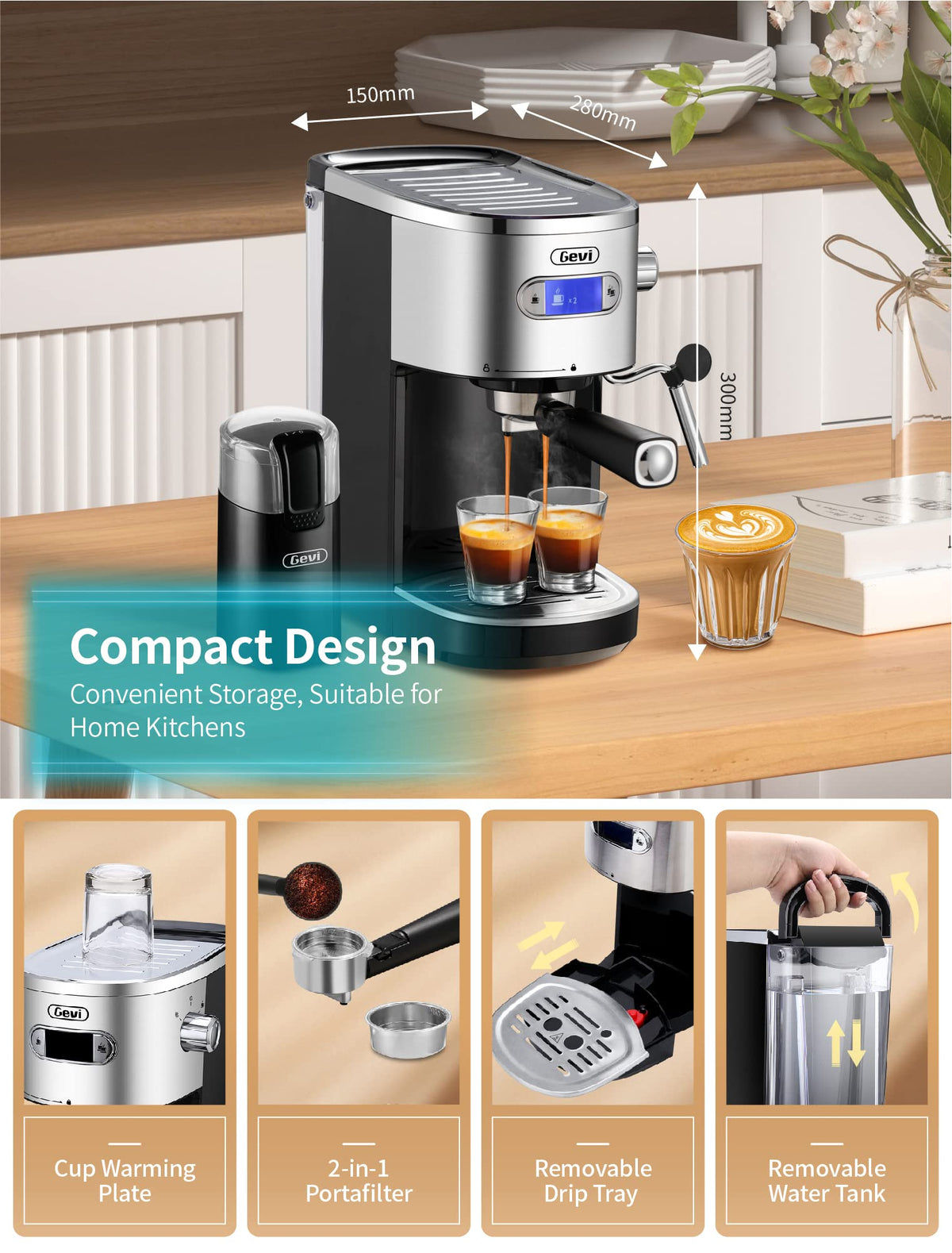 Gevi Espressomaschinen, 20 Bar, schnelles Aufheizen, automatische Cappuccino-Kaffeemaschine mit Milchaufschäumer für Espresso, 1,2 l abnehmbarer Wassertank, doppeltes Temperaturkontrollsystem, 1350 W, schwarz