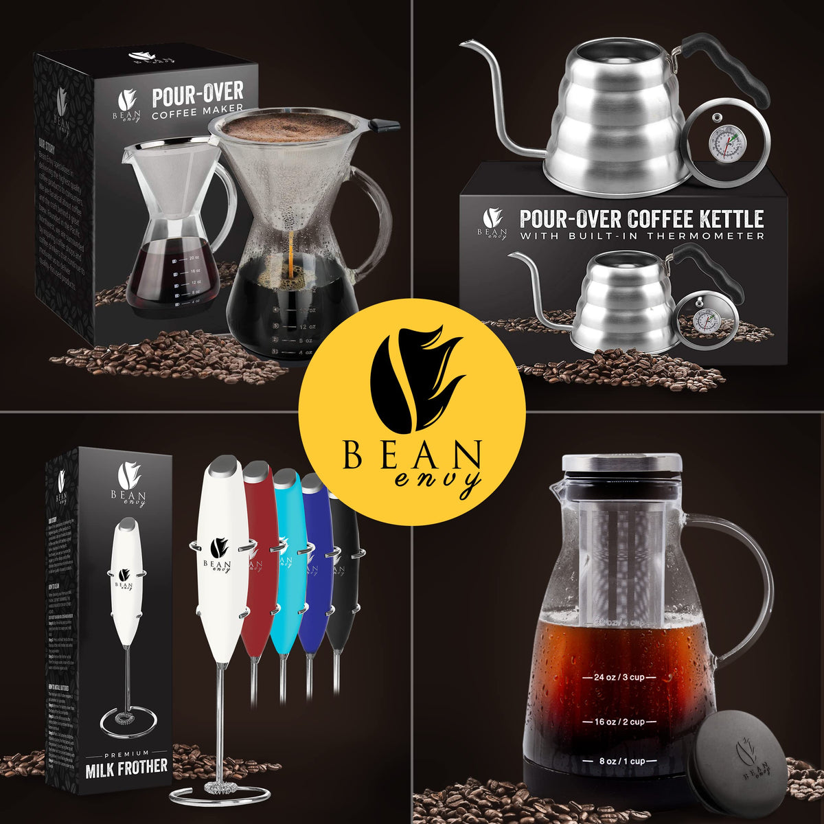 Bean Envy Pour Over-Kaffeemaschine – Karaffe aus Borosilikatglas für 5 Tassen – papierloser Filter/Tropfer aus rostfreiem Edelstahl – Inklusive individueller Silikonhülle