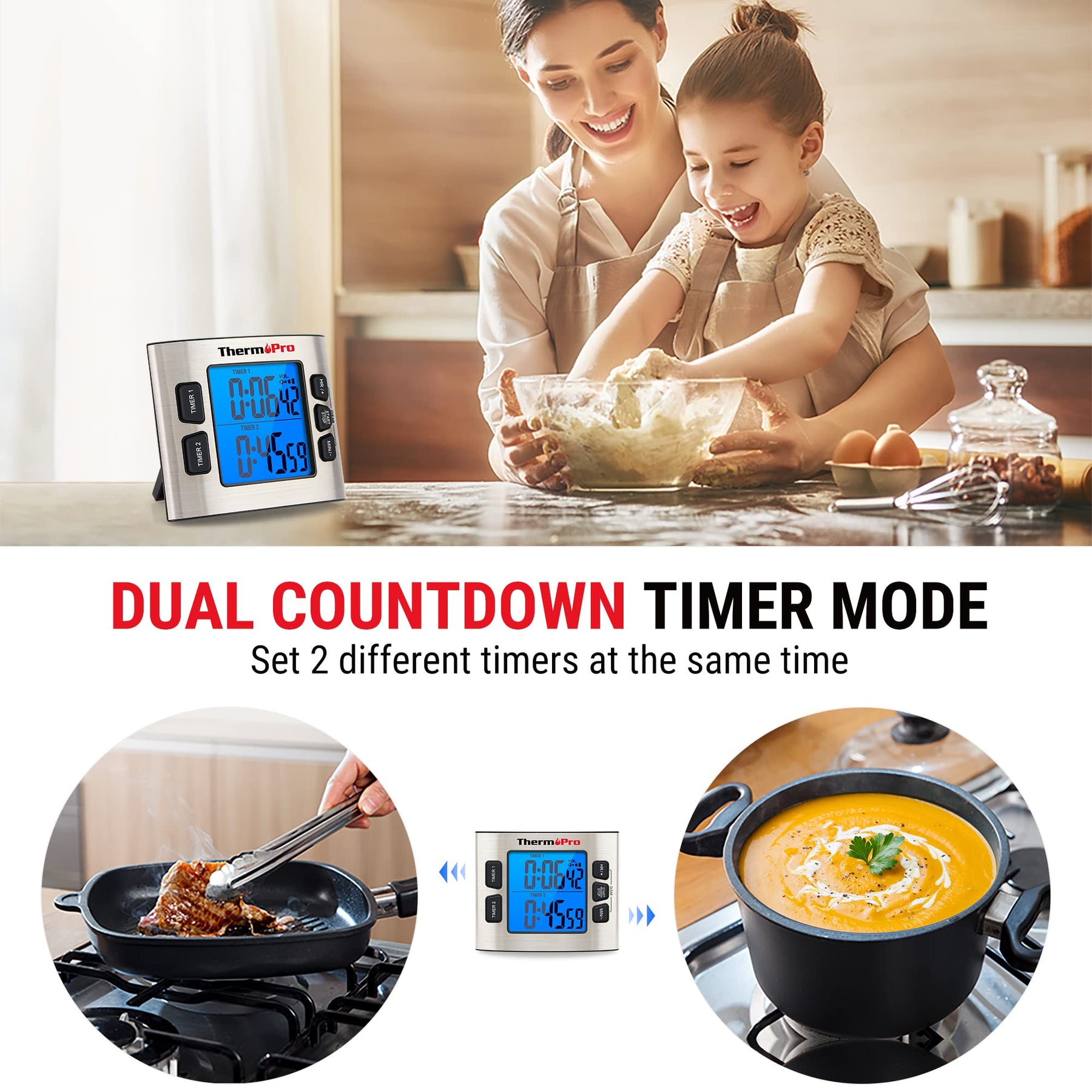 ThermoPro TM02 Digital Kitchen Timer with Dual Countdown Stop Watches Timer/Magnetic Timer Clock with Adjustable Loud Alarm and Backlight LCD Big Digits/ 24 Hour for Kids Teachers