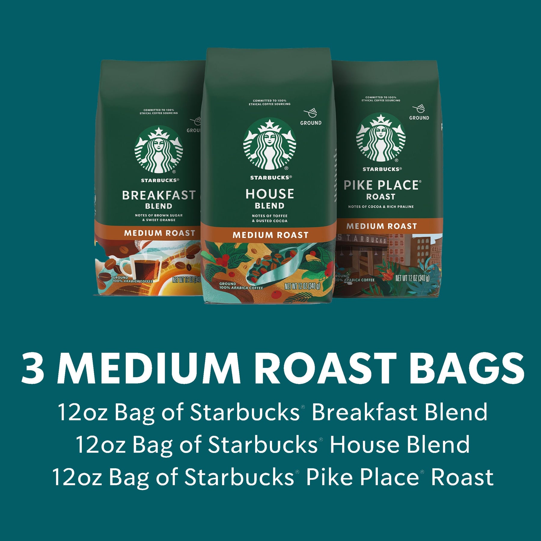 Starbucks Medium Roast Whole Bean Coffee, gemischte Packung, 3 Beutel (je 12 oz)