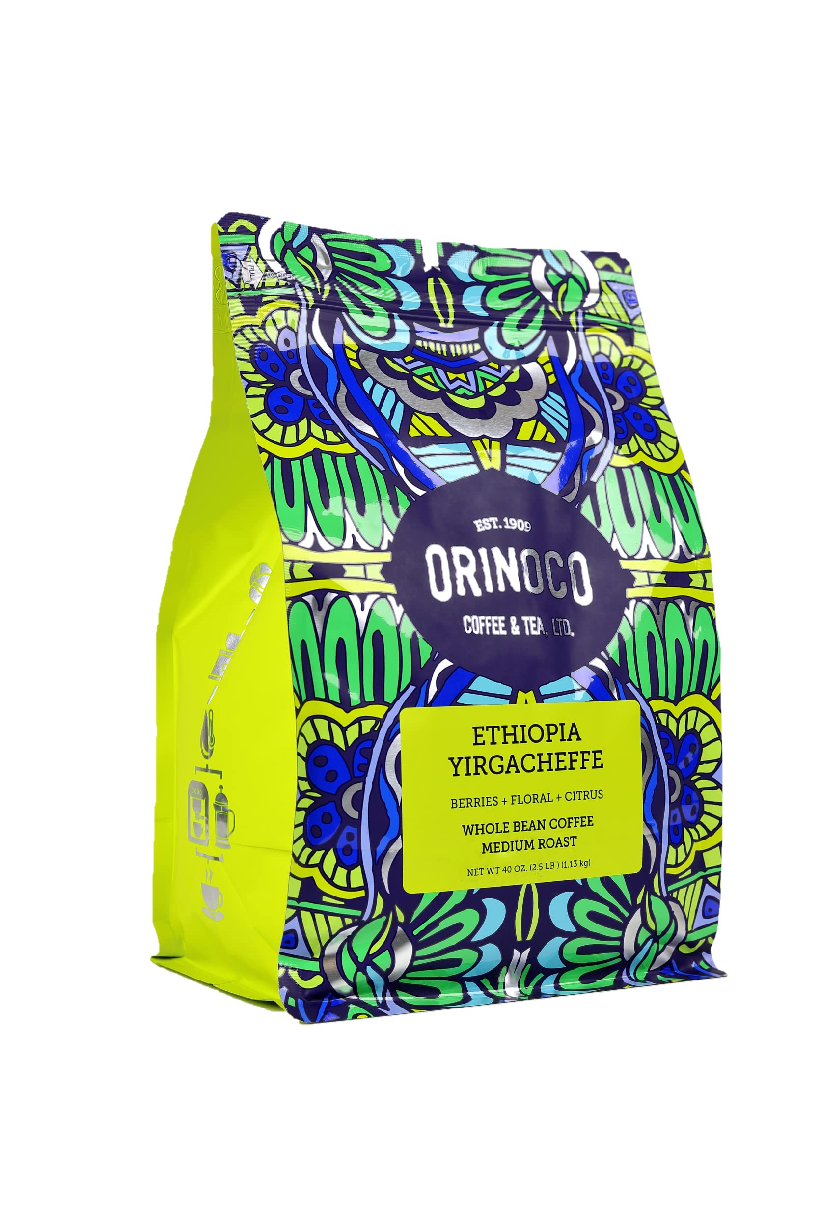 Orinoco Ethiopian Yirgacheffe 2.5lb bag, Medium Roast, Whole Bean Coffee, 100% Arabica beans