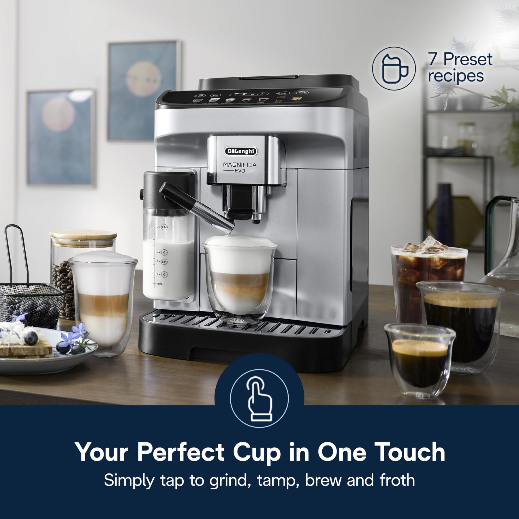 De'Longhi Magnifica Evo Automatische Espresso- und Kaffeemaschine mit automatischem Milchaufschäumer für Latte, Cappuccino, Eiskaffee, eingebautes Mahlwerk, ECAM29084SB