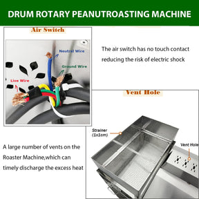 EQCOTWEA Commercial Roaster Machine 55LB Drum Rotary Roasting Machine Stainless Steel Peanut Walnut Chestnut Roasting Stir-Fry Drying Roaster Machine 0-300℃ 220V 3 Phase