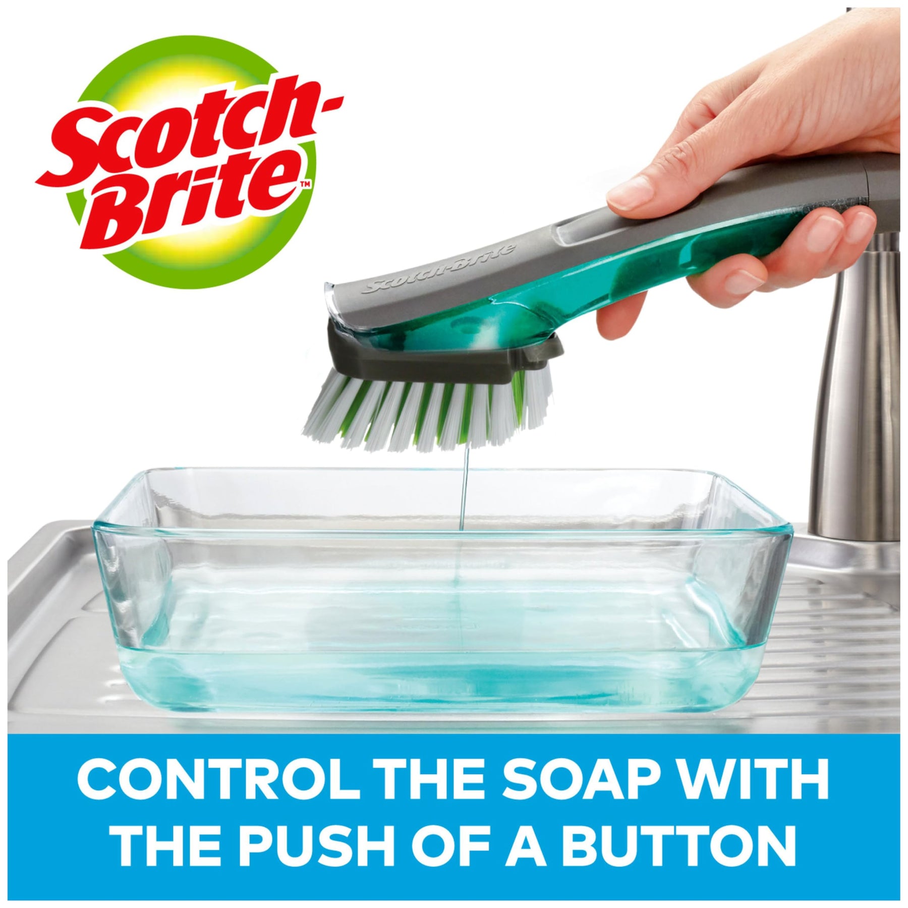 Scotch-Brite Advanced Soap Control Geschirrbürste, kratzfeste Spülbürste, Spülbürste mit Knopf, langlebig und wiederverwendbar, Spülbürste