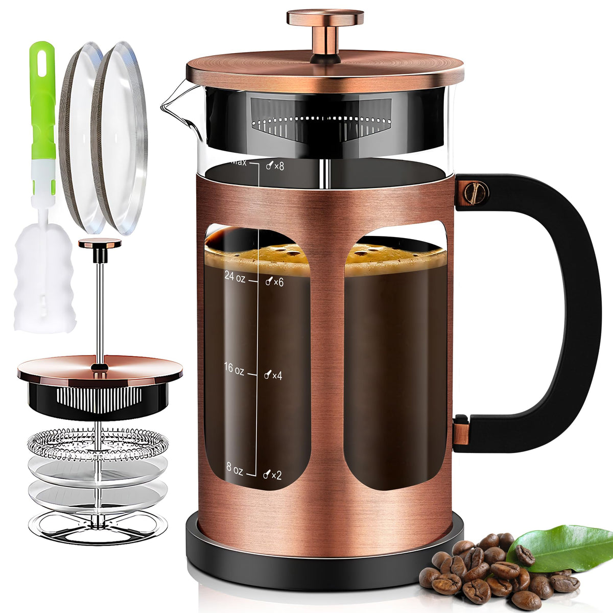 YMMIND French Press Kaffeemaschine (34oz 1Quart 5-6Tassen) Kaffeepresse, mit 4 Filtersystem, hitzebeständiges dickes Borosilikatglas, kalt gebrühter Kaffee, Teekanne, Geschenke (Kupfer)