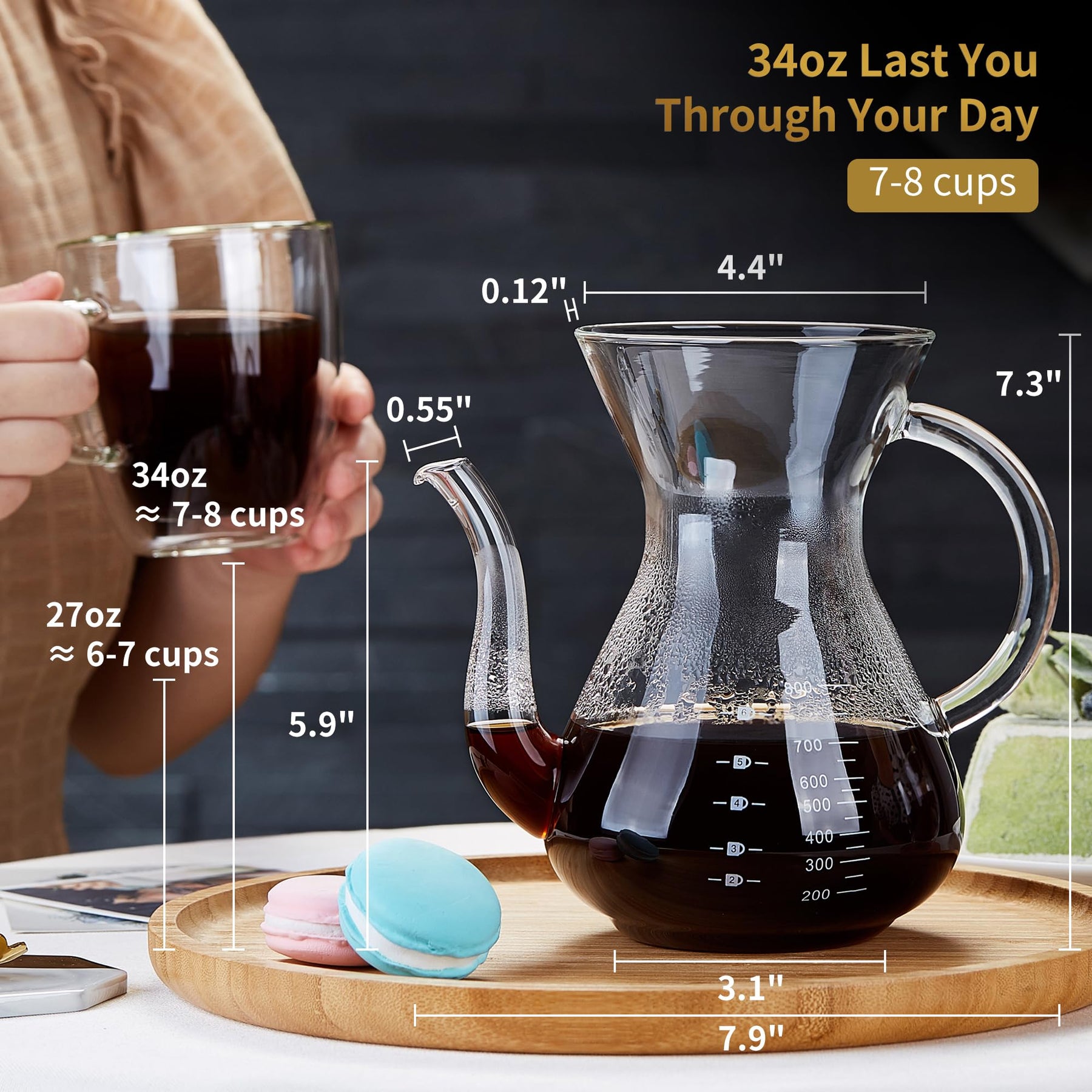 Unzerbrechlicher Pour-Over-Kaffeebereiter mit doppeltem Edelstahlfilter für 8 Tassen, verdickter, hitzebeständiger Pour-Over-Kaffeefilter aus Borosilikatglas, herdplattensicher