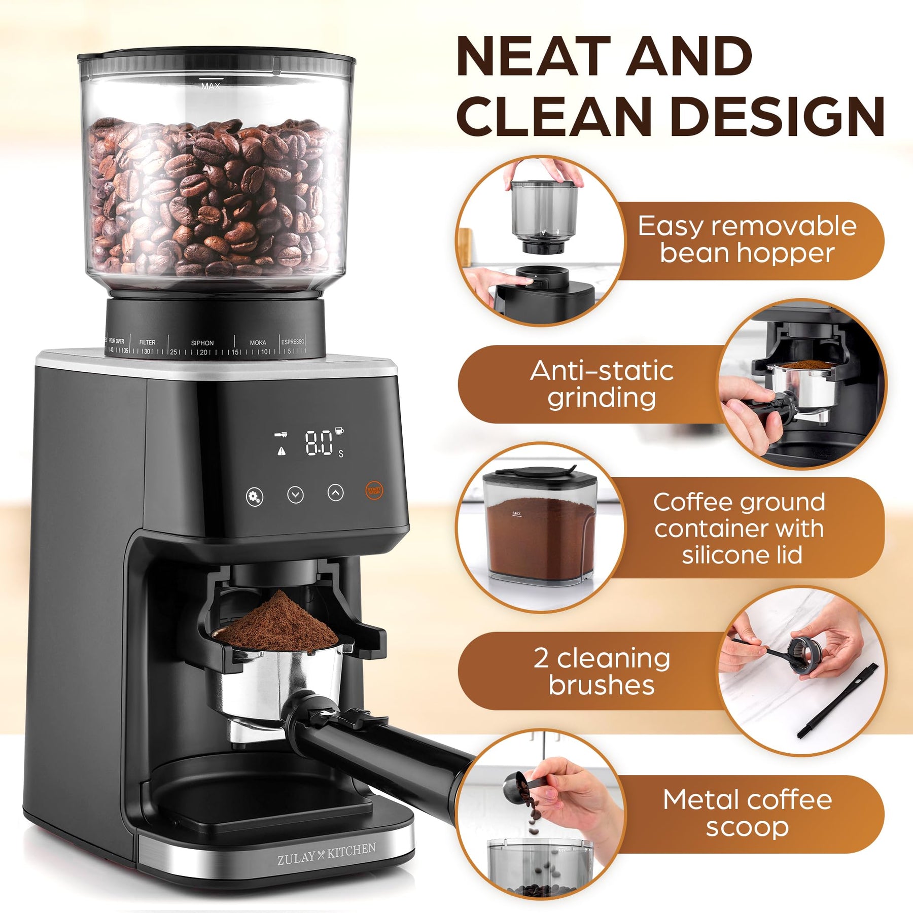 Zulay Kitchen Espresso Grinder - Burr Coffee Grinder Electric - Espresso Bean Grinder & Coffee Bean Grinder - Commercial Coffee Grinder Espresso - Burr Grinder Espresso Coffee Grinder - Black/Silver