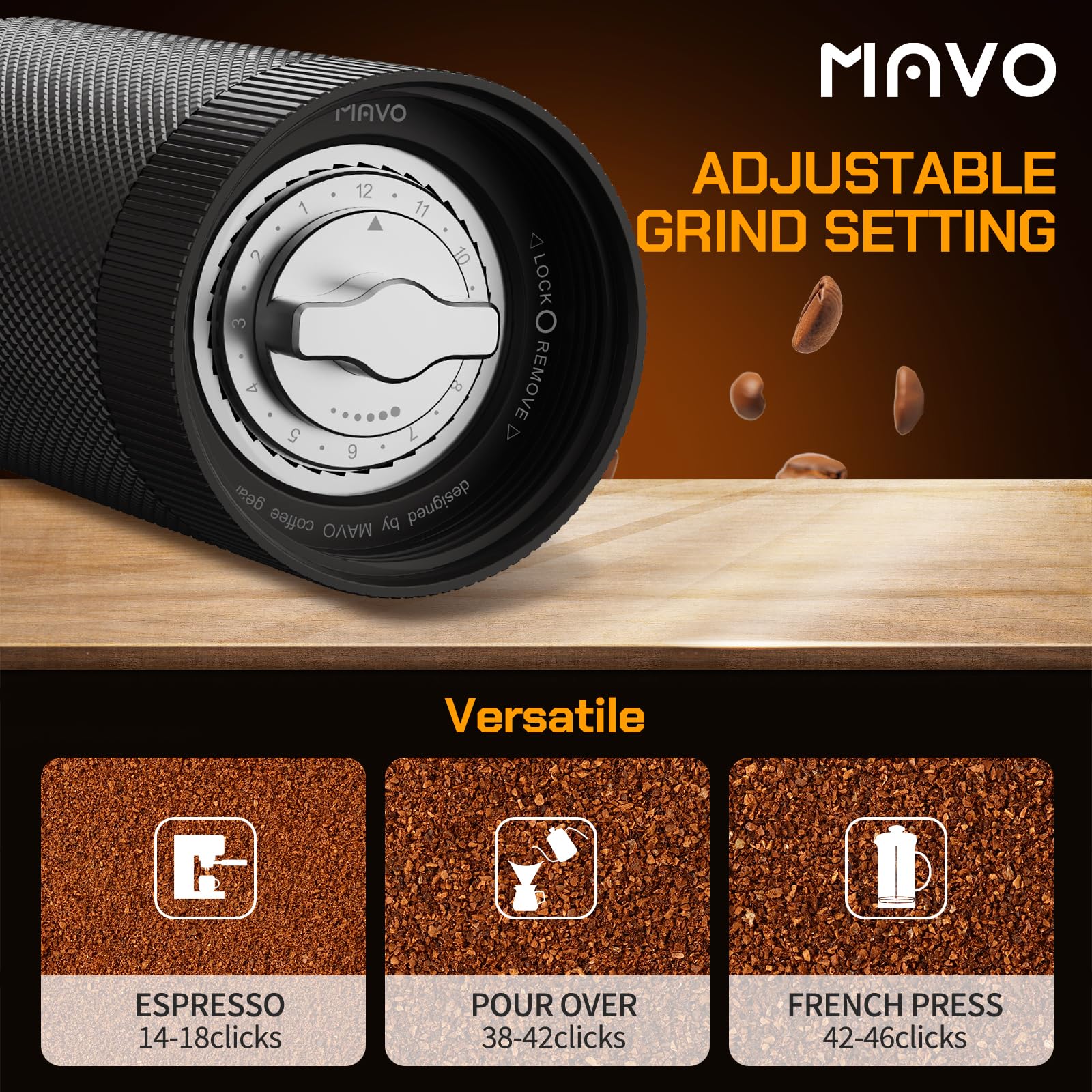 MAVO Manual Coffee Grinder, Wizard Hand Coffee Grinder, Capacity 25g with CNC Stainless Steel Pentagon Conical Burr, Adjustable Setting, Burr Coffee Bean Grinder for French Press, Pour Over Black