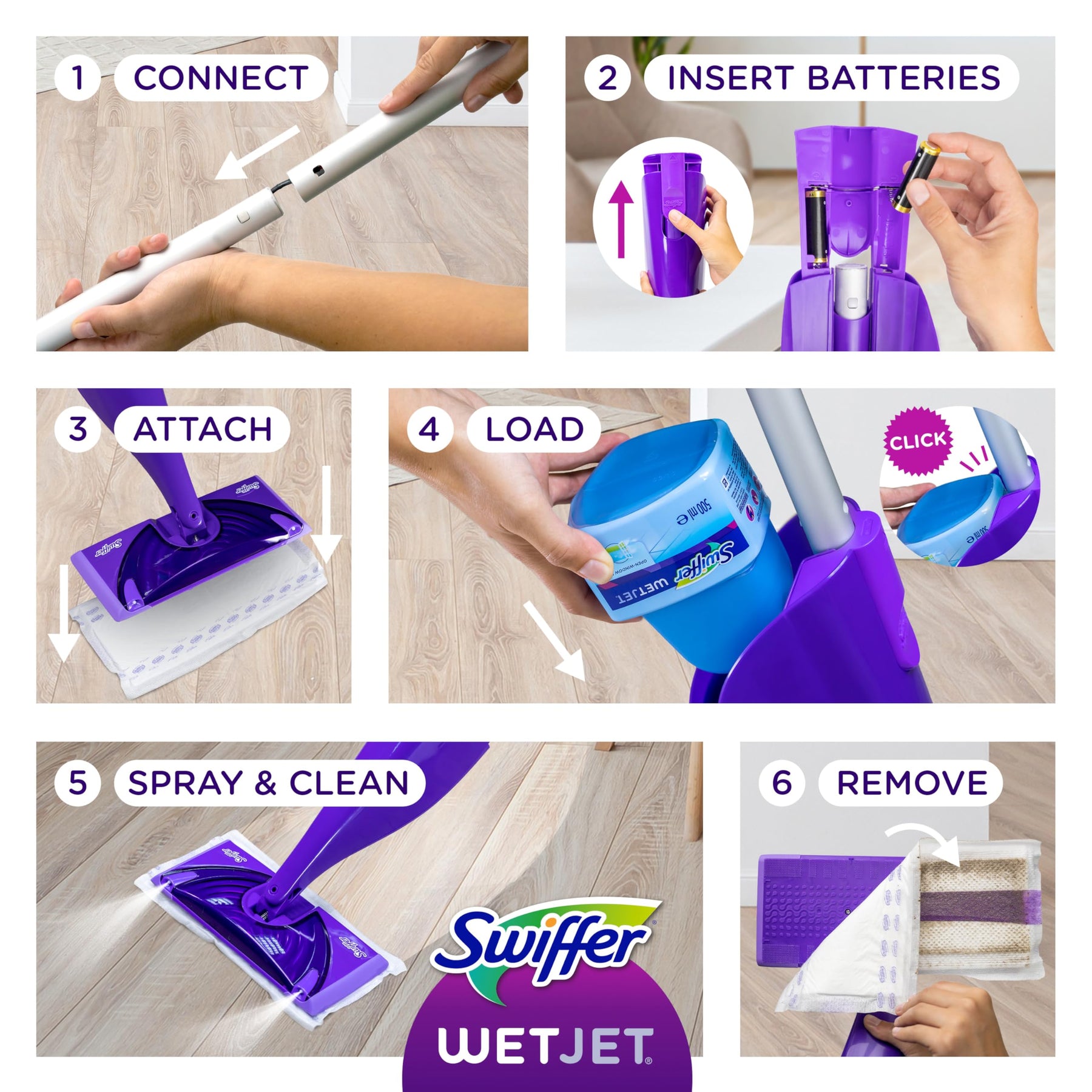 Swiffer WetJet ハードウッドおよびフロア用スプレーモップクリーナー スターターキット、内容: パワーモップ 1 台、パッド 10 枚、洗浄液、電池