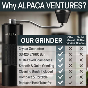 Alpaca Ventures の手動コーヒーグラインダー - ステンレススチール製円錐型バーコーヒーグラインダー、手動、調節可能な設定、ダブルベアリングハンドエスプレッソグラインダー、自宅、オフィス、キャンプに最適