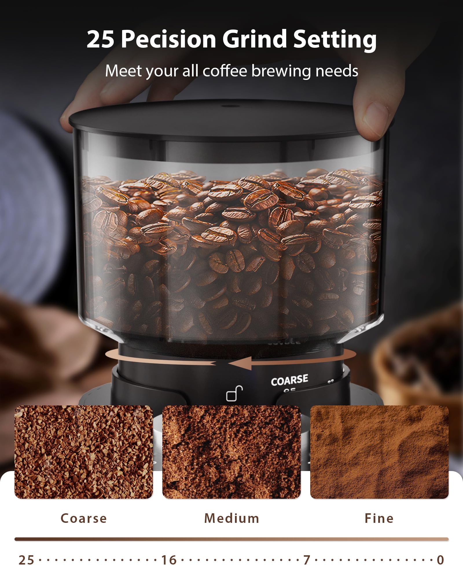 Aromaster Burr Coffee Grinder, Coffee Bean Grinder with 25 Grind Setting, 2-12 Cups Timer, Conical Coffee Grinders for Home Use, 3-Ears Portafilter Holder, Cleaning Brush, Black