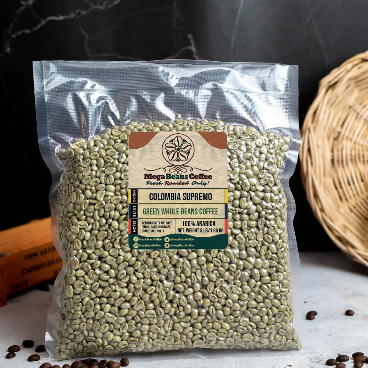 Colombia Supremo Unroasted Green Coffee Beans, Mega Beans Coffee, Specialty Grade Green Coffee Beans.