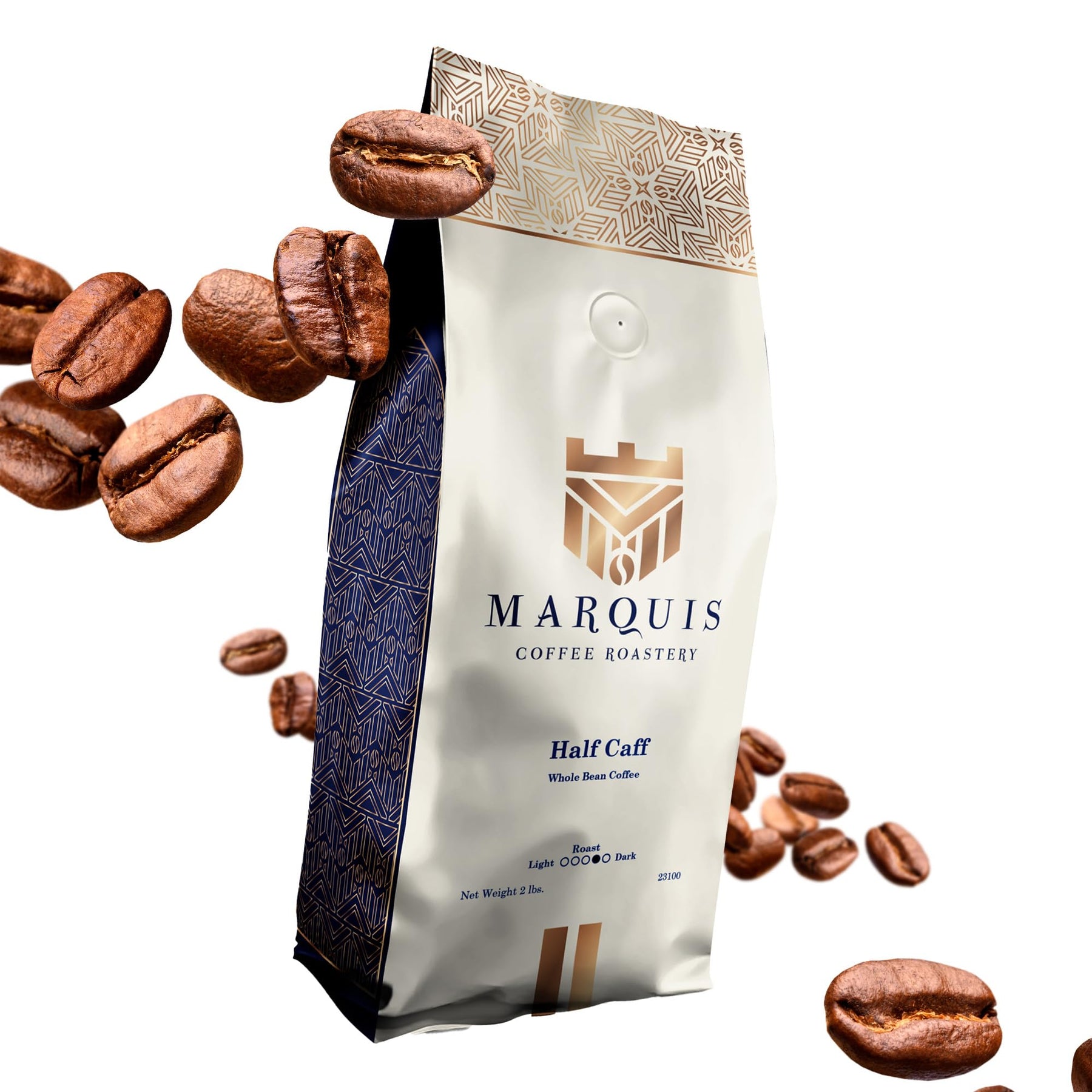 Marquis - Half Caff Coffee, Rich Blend of half Ethiopian Yirgacheffe and Half Decaf French Roast Coffee Beans, Fresh Dark Roast Coffee with a Fruity Flavor, Premium Half Caff Whole Bean Coffee, 2 lb