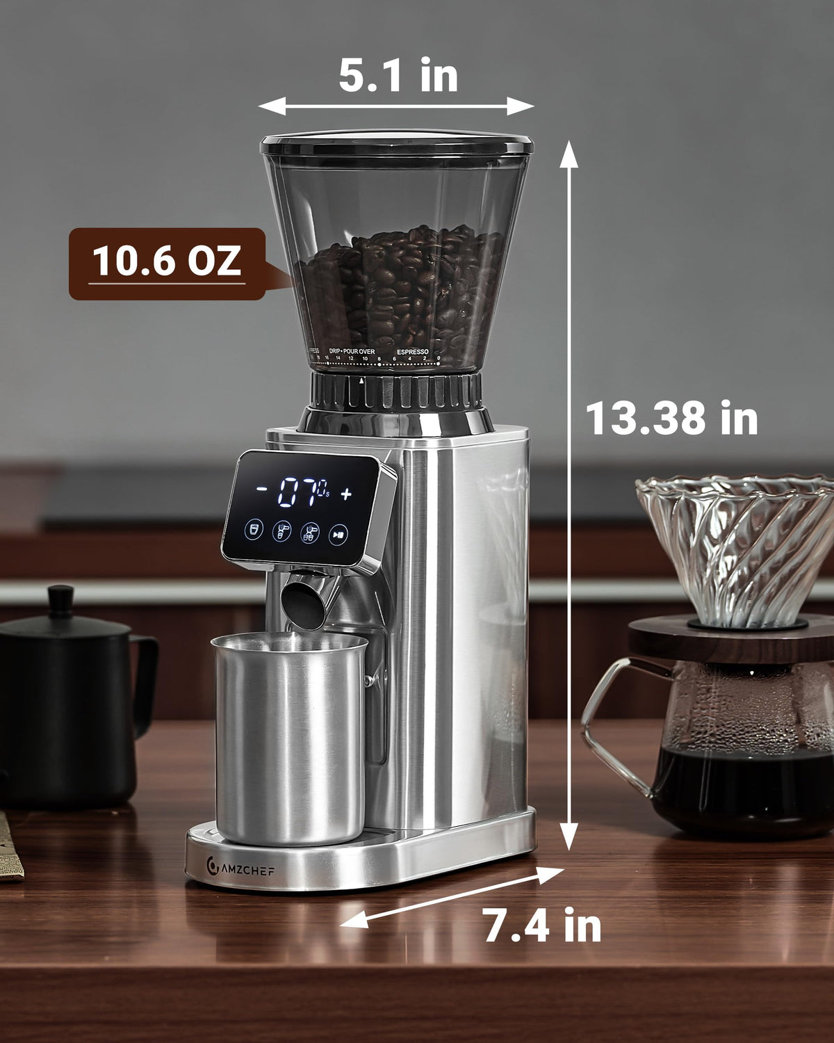 AMZCHEF Kaffeemühle, Kaffeebohnenmühle für den Heimgebrauch mit präzisem Mahlgrad, LED-Bedienfeld, abnehmbarem Trichterständer, 24 Mahleinstellungen, Silber