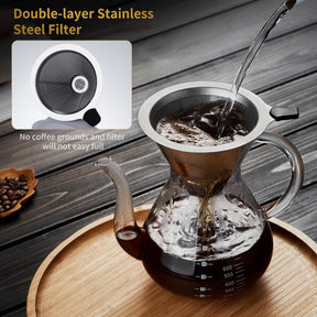 Unzerbrechlicher Pour-Over-Kaffeebereiter mit doppeltem Edelstahlfilter für 8 Tassen, verdickter, hitzebeständiger Pour-Over-Kaffeefilter aus Borosilikatglas, herdplattensicher