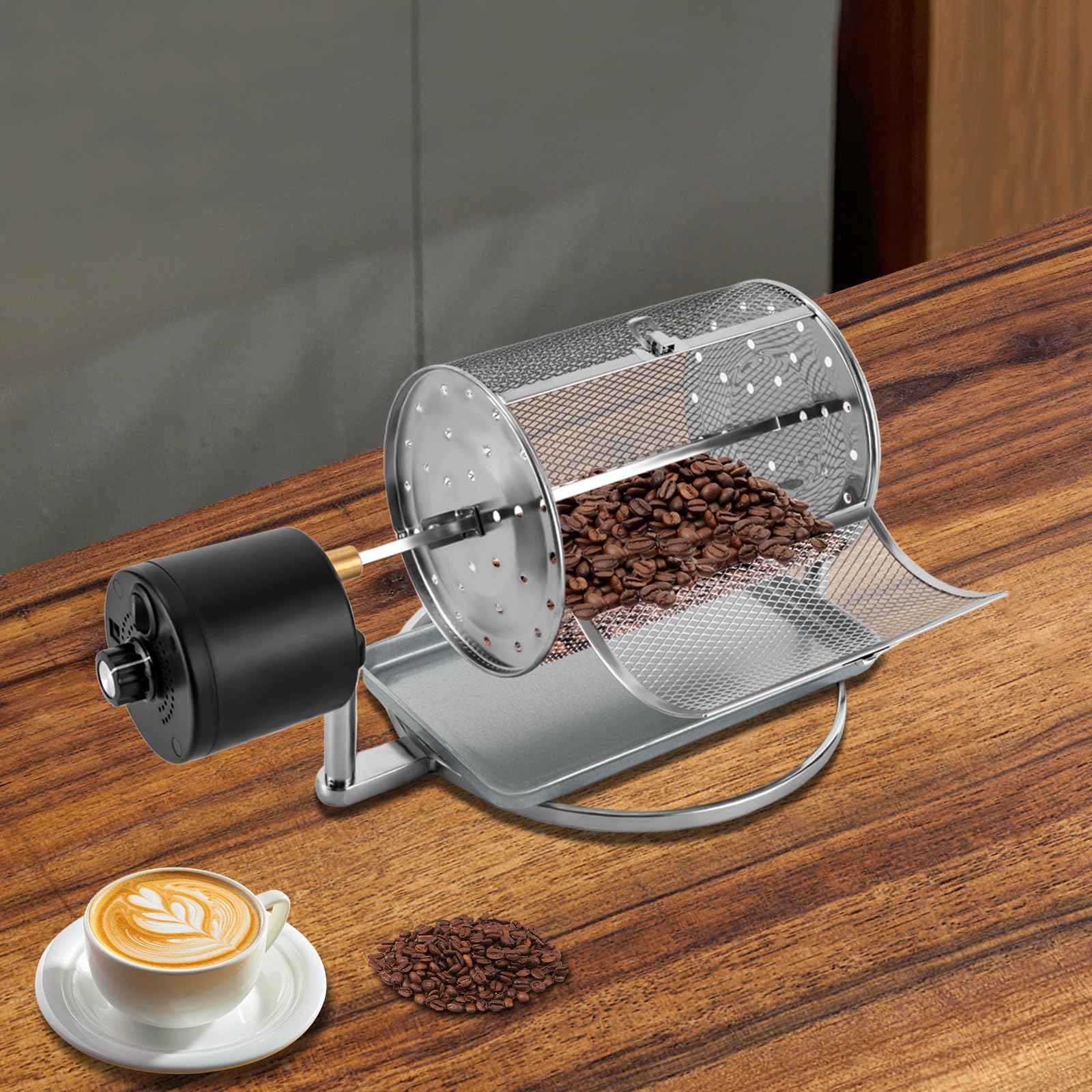 BANLICALI Home Coffee Roaster, Stainless Steel Electric Coffee Roaster Machine with Tray, Speed Adjust, Auto-matic Nuts Coffee Bean Roaster Drum for Homes, Cafes, Hotels Silver