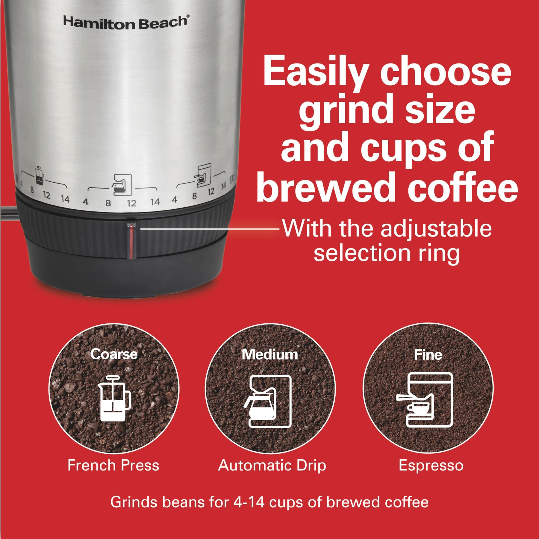 Hamilton Beach Custom Grind Electric Coffee Grinder for 4-14 Cups, One-Press Hand-Free Operation with Auto Shutoff, Removable Grinding Bowl For Easy Pour and Clean, Stainless Steel (80406)