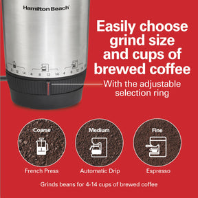 Hamilton Beach Custom Grind Elektrische Kaffeemühle für 4–14 Tassen, freihändige Bedienung mit einem Tastendruck und automatischer Abschaltung, abnehmbarer Mahlbehälter für einfaches Ausgießen und Reinigen, Edelstahl (80406)