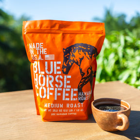 Blue Horse Hawaiian Coffee Beans - (20% Hawaii Roast Blend) Arabica Whole Bean Coffee Medium Roast 2.2 Lb (35oz), Farm-fresh: Blue Horse 'Gentle Giant' Whole Beans from Hawaii