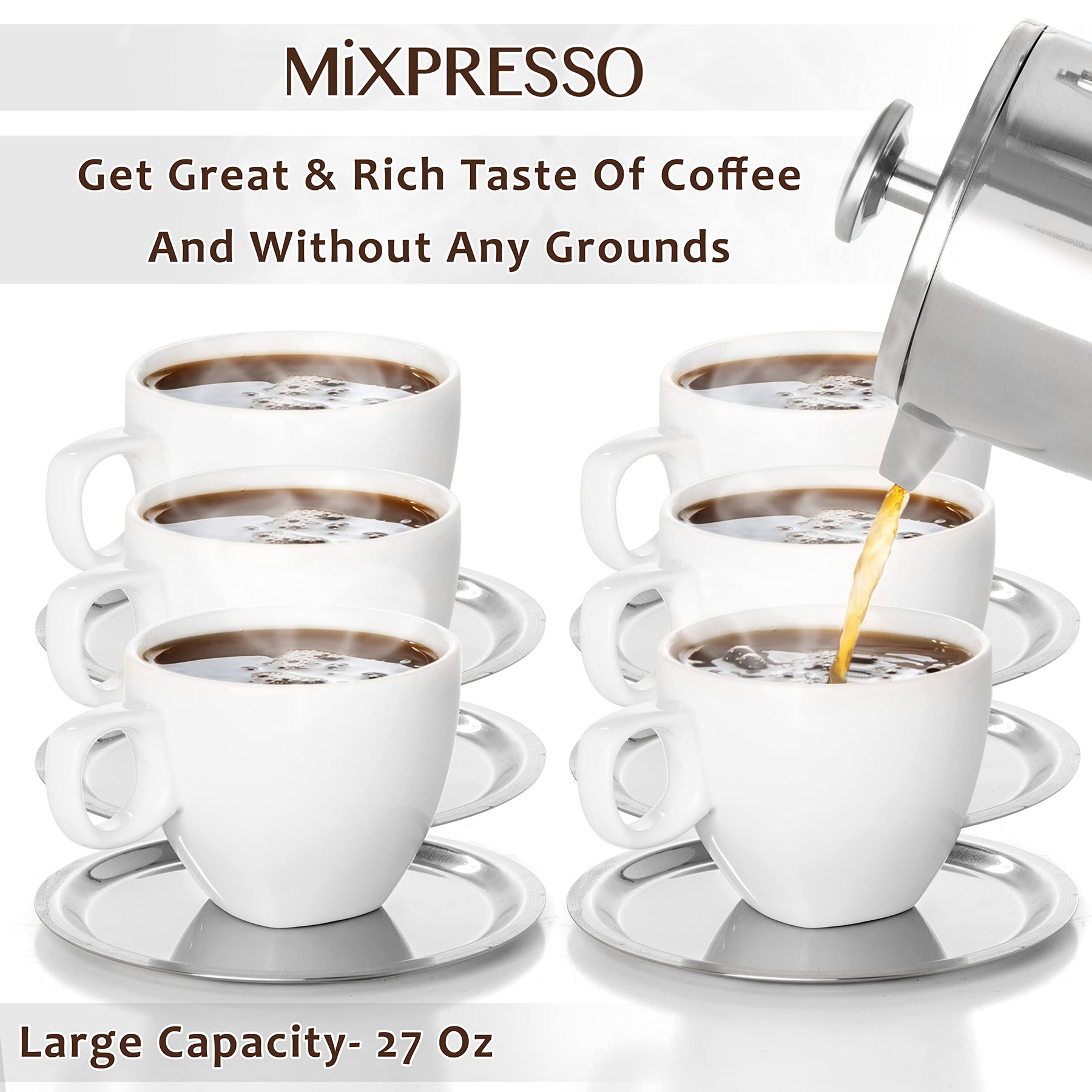 Mixpresso Stainless Steel French Press Coffee Maker 27 Oz 800 ml, Double Wall Insulated French Press Stainless Steel & Tea Brewer Easy Clean & Easy Press Strong Quality Metal Coffee Press.