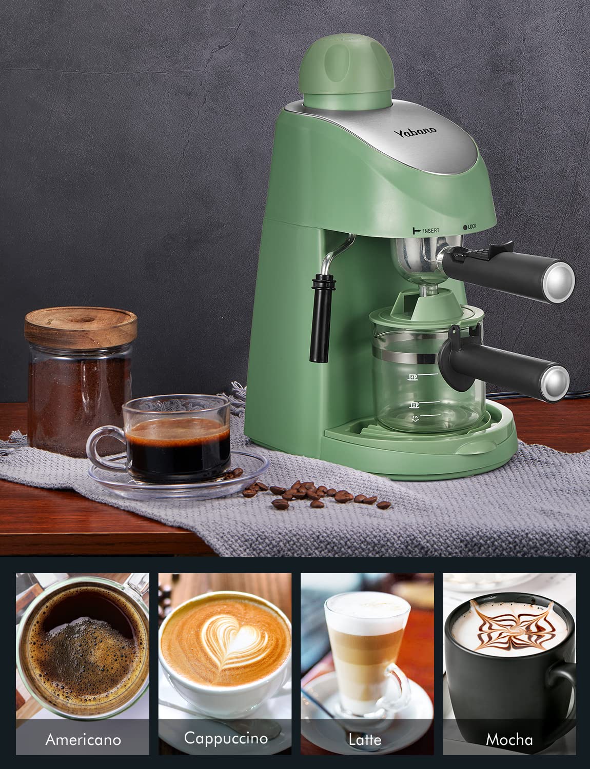 Yabano Espressomaschine, 3,5 Bar Espressomaschine, Espresso- und Cappuccinomaschine mit Milchaufschäumer, Espressomaschine mit Dampfgarer (Grün)