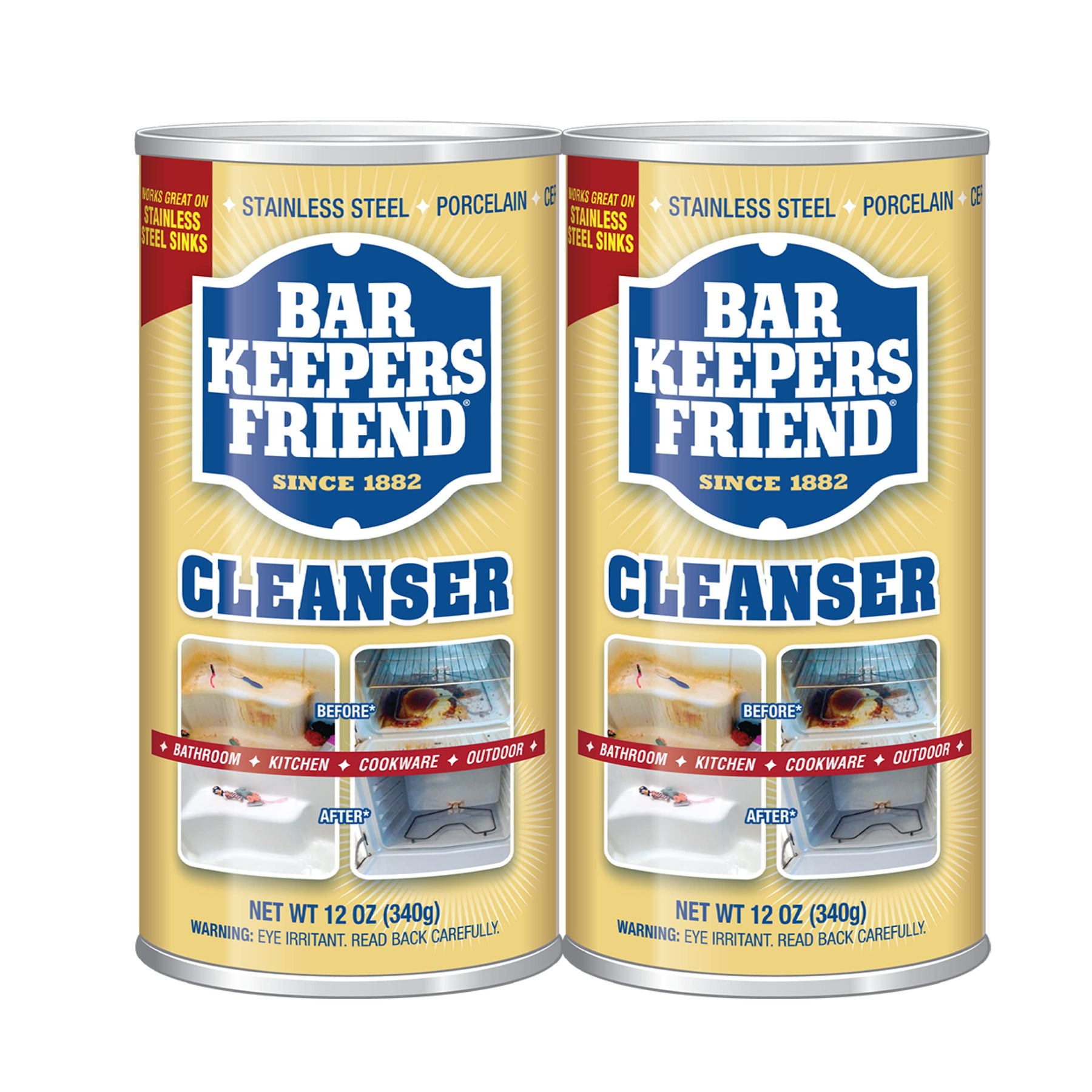 Bar Keepers Friend Pulverreiniger (2 x 12 oz) Mehrzweckreiniger, Flecken- und Rostlöser für Badezimmer, Küche und Außenbereich auf Edelstahl, Aluminium, Messing, Fliesen, Keramik, Porzellan und mehr