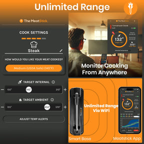 MeatStick V Kabelloses Fleischthermometer, hitzebeständig bis 1200 °F, unbegrenzte Reichweite, WLAN und Bluetooth, digitale Sonde zum Grillen, Räuchern, Sous Vide, BBQ, Heißluftfritteuse, Backofen, Smoker, Kochen in der Küche