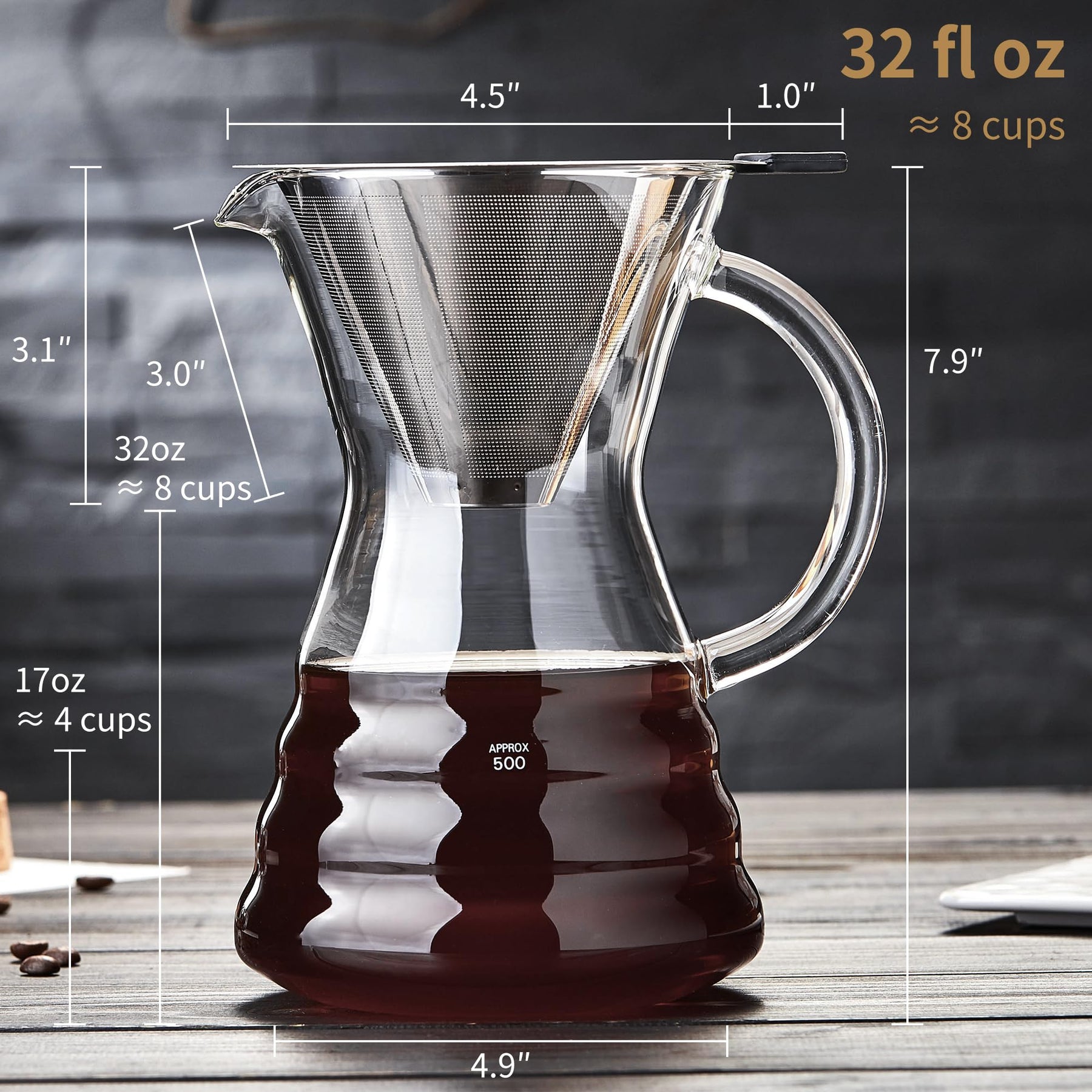 Unzerbrechlicher Pour-Over-Kaffeebereiter mit permanentem Edelstahlfilter für 8 Tassen, verdicktes, hitzebeständiges Borosilikatglas, Tropfkaffeemaschine, herdplattensicher