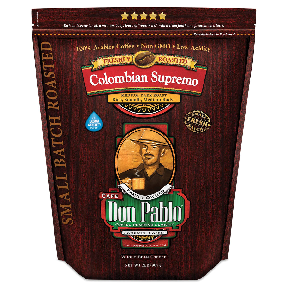 2 Pfund Don Pablo Colombian Supremo – mitteldunkle Röstung – ganze Bohnenkaffee – niedriger Säuregehalt – 2 Pfund (2 lb) Beutel