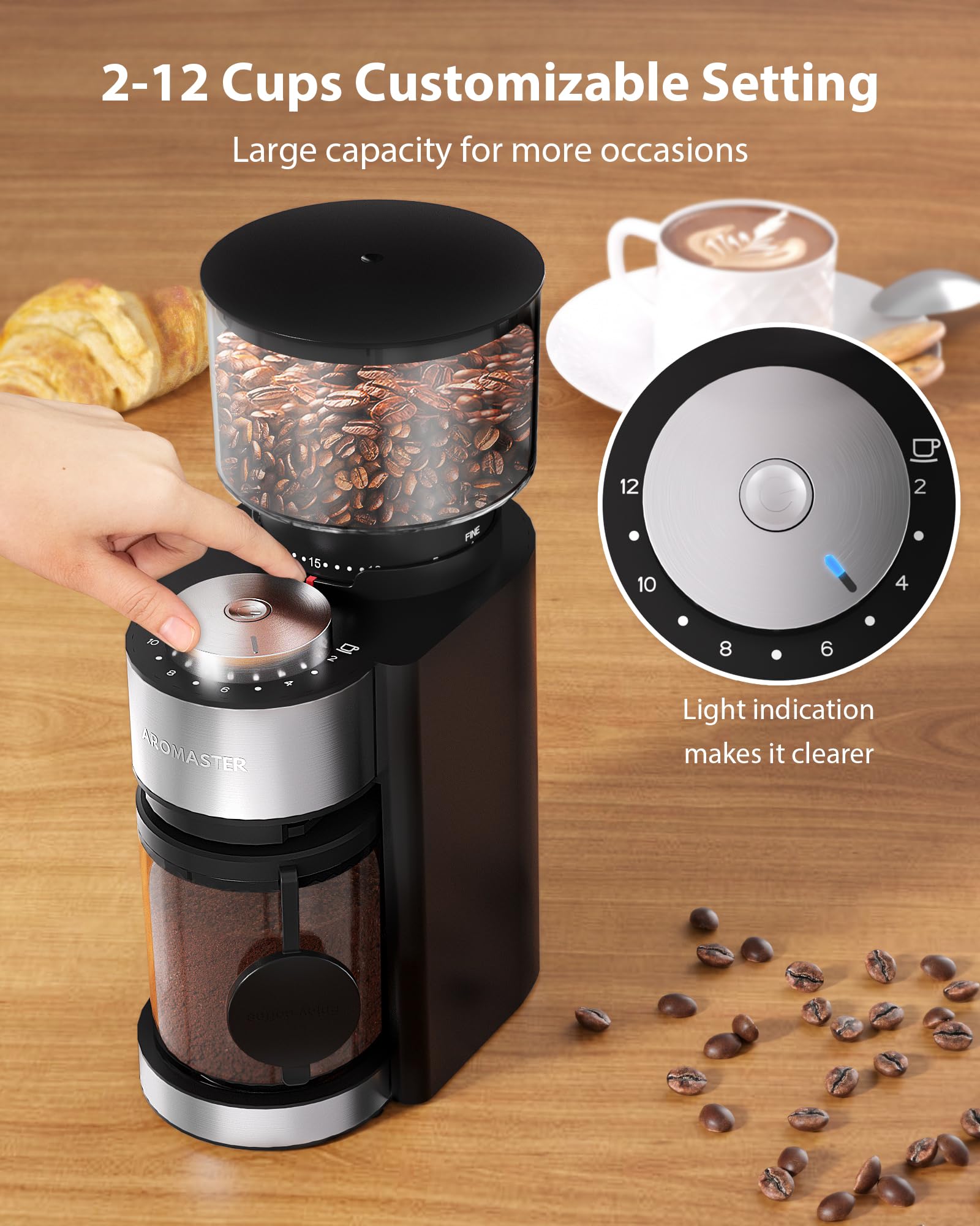 Aromaster Burr Coffee Grinder, Coffee Bean Grinder with 25 Grind Setting, 2-12 Cups Timer, Conical Coffee Grinders for Home Use, 3-Ears Portafilter Holder, Cleaning Brush, Black