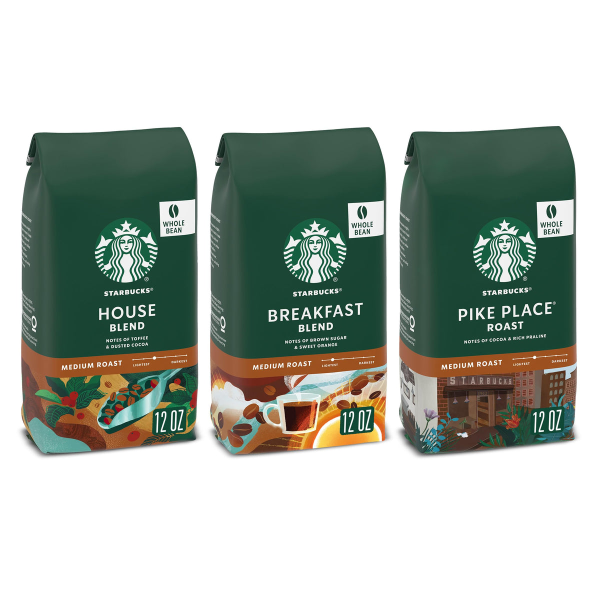 Starbucks Medium Roast Whole Bean Coffee, gemischte Packung, 3 Beutel (je 12 oz)