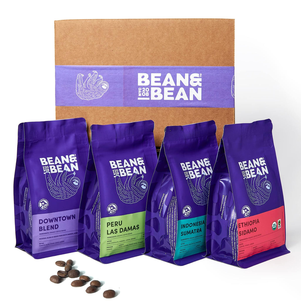 Bean & Bean Around the World Coffee Gift Set – 4 Coffee Samplers – Organic, Fair Trade, Includes Single Origin Coffee Gift Basket – Medium Roast Coffee from Around the World, Whole Bean, 4 x 4oz